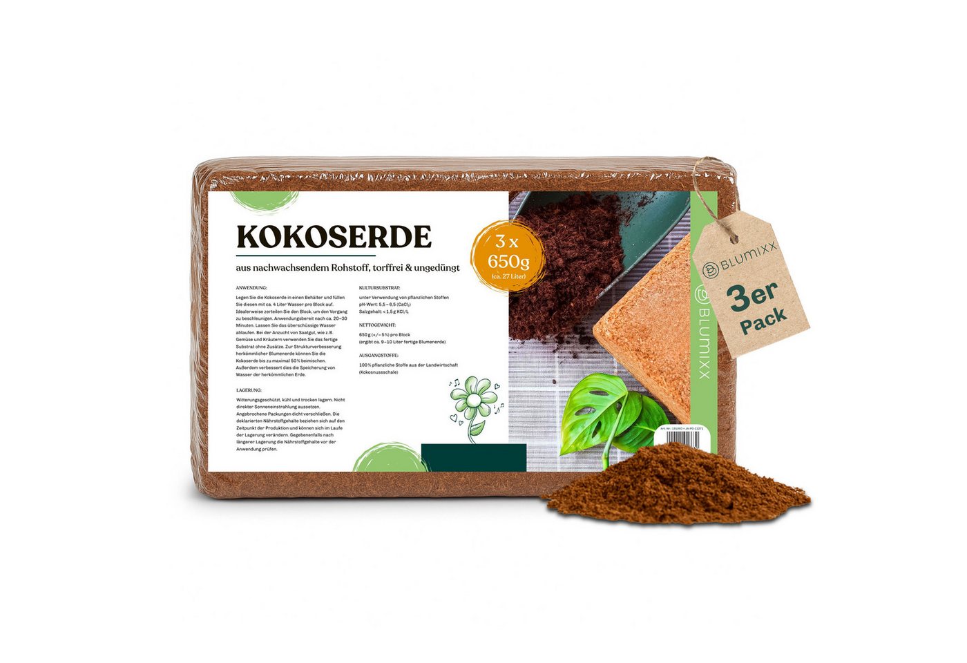 Blumixx Blumenerde Kokoserde für Pflanzen, Anzuchterde, Kokosfaser Substrat für Terrarien 3, (x 650g), torffrei, pH-neutral, natürlich abbaubar Bild 3