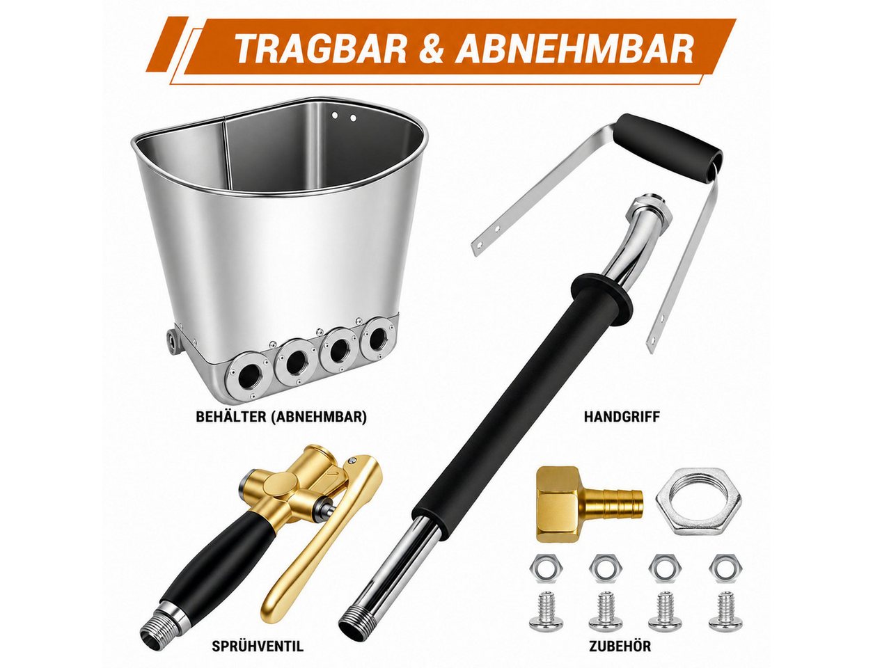 XEOOCE Farbsprühpistole Druckluft-Putzsprühgerät 4L, max. 10 bar, Putzsprühgerät mit 4-l-Behälter, Handgriff, Sprühventil, Vier 18-mm-Sprühöffnungen,Gleichmäßige Materialverteilung, Bild 3
