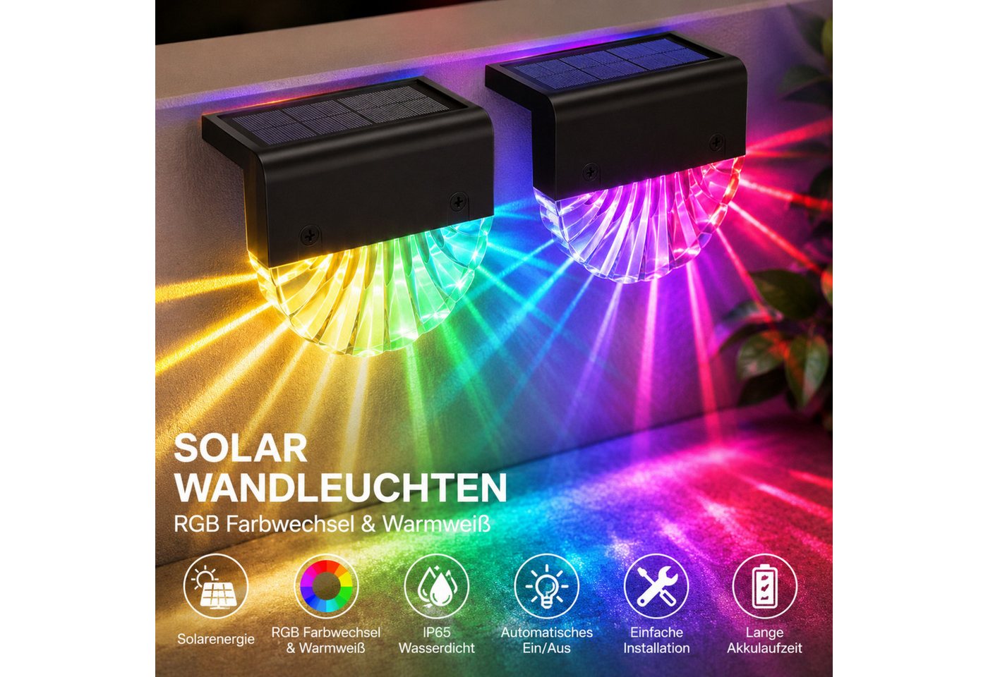 Luckice LED Außen-Stehlampe Solarleuchten Außen Garten 2er Set, Solar Zaunleuchten mit, Warmweiß & 7 Farben RGB, IP65 Solar Gartenleuchten mit 2 Lichtmodi, Solar Dekoleuchten für Zaun, Terrasse, Balkon, Treppe und Garten Bild 3