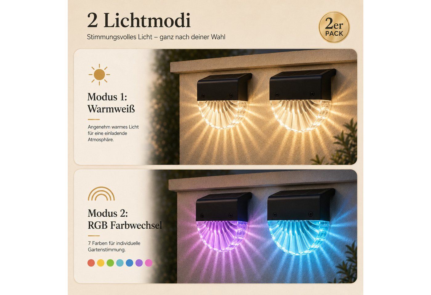 Luckice LED Außen-Stehlampe Solarleuchten Außen Garten 2er Set, Solar Zaunleuchten mit, Warmweiß & 7 Farben RGB, IP65 Solar Gartenleuchten mit 2 Lichtmodi, Solar Dekoleuchten für Zaun, Terrasse, Balkon, Treppe und Garten Bild 5