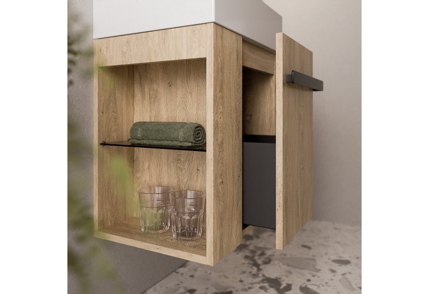 Bernstein Waschbeckenunterschrank COMPACT 450 Eiche honiggold REGAL rechts GRIFF Schwarz matt Waschtischunterschrank mit Waschbecken 1 Schublade & Regal Bild 3
