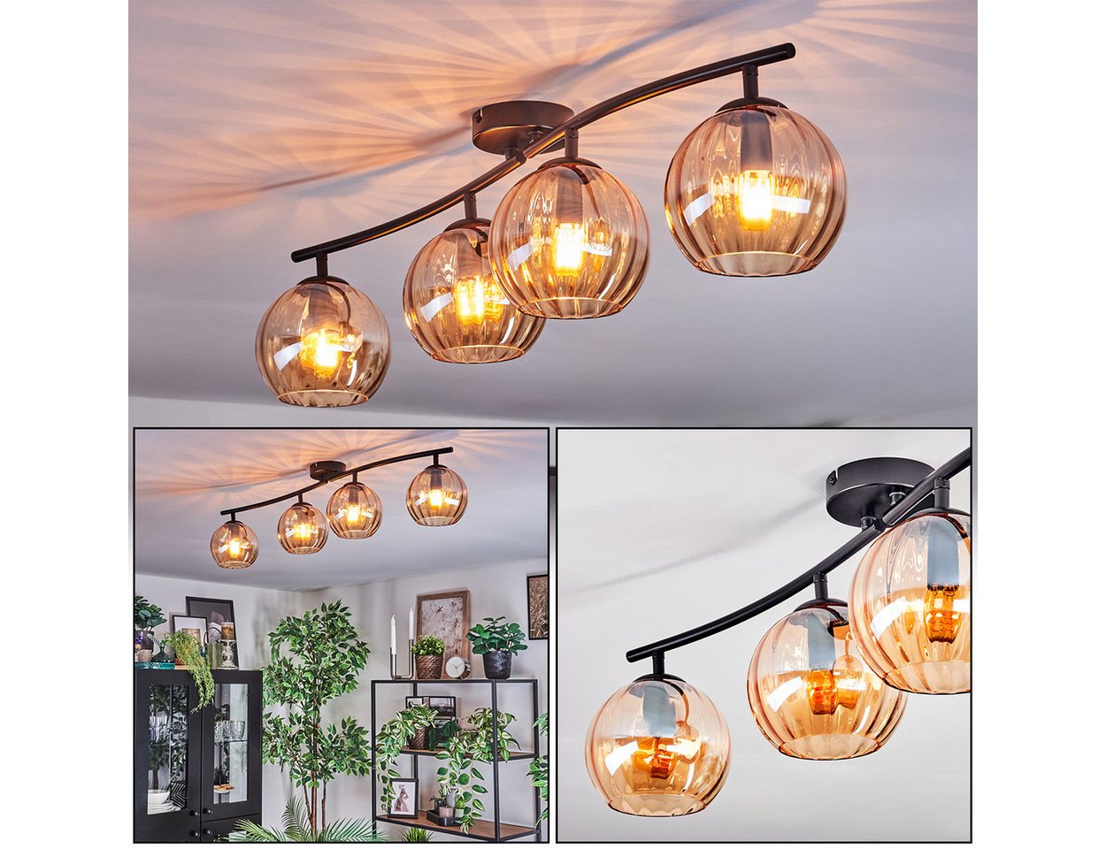 hofstein Deckenleuchte Deckenlampe aus Metall/Riffelglas in Schwarz/Bernsteinfarben, ohne Leuchtmittel, Deckenleuchte im modernen Vintage-Design (Schirme Ø 15 cm), 4 x E14 Bild 2