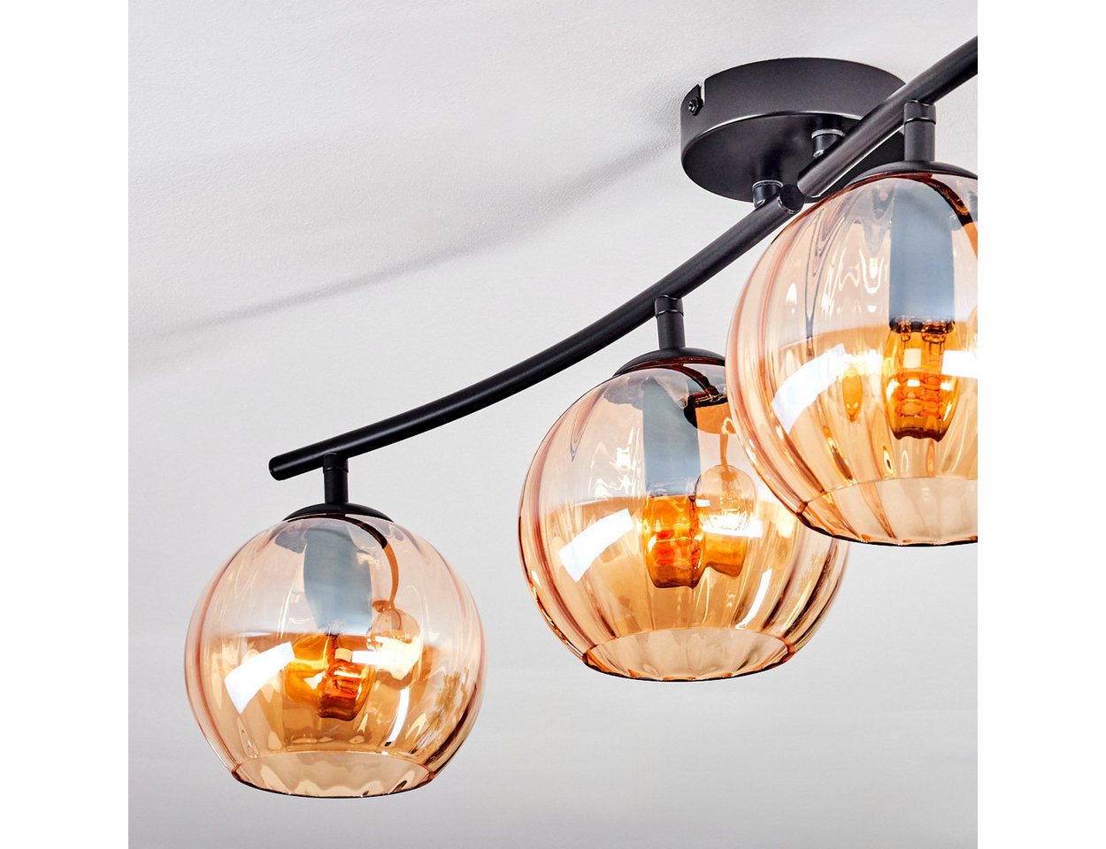 hofstein Deckenleuchte Deckenlampe aus Metall/Riffelglas in Schwarz/Bernsteinfarben, ohne Leuchtmittel, Deckenleuchte im modernen Vintage-Design (Schirme Ø 15 cm), 4 x E14 Bild 3