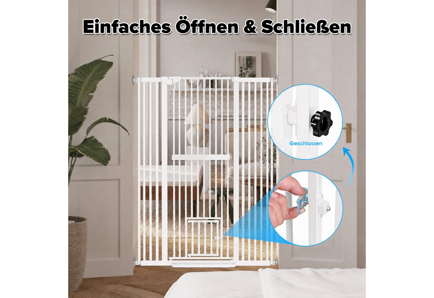 Hausright Treppenschutzgitter Extra hohes 150 cm Katzengitter mit Katzentür, 75–105 cm, ohne Bohren, Inkl. Bodenschutzleiste, 30 × 26 cm Haustiertür, 3,5 cm Gitterabstand
