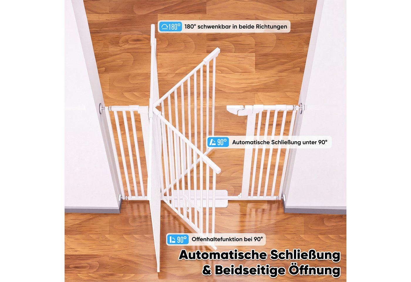 Hausright Treppenschutzgitter Extra hohes 150 cm Katzengitter mit Katzentür, 75–105 cm, ohne Bohren, Inkl. Bodenschutzleiste, 30 × 26 cm Haustiertür, 3,5 cm Gitterabstand Bild 2
