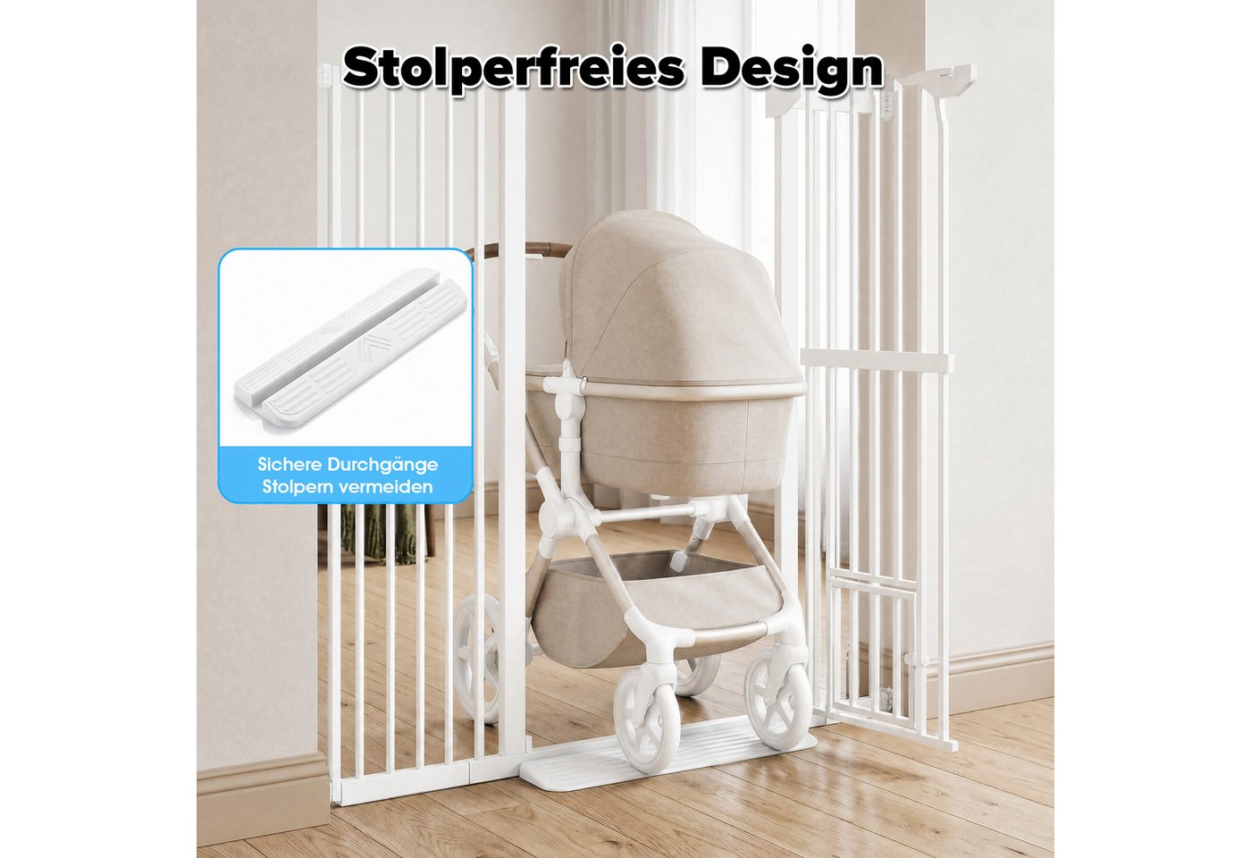 Hausright Treppenschutzgitter Extra hohes 150 cm Katzengitter mit Katzentür, 75–105 cm, ohne Bohren, Inkl. Bodenschutzleiste, 30 × 26 cm Haustiertür, 3,5 cm Gitterabstand Bild 3