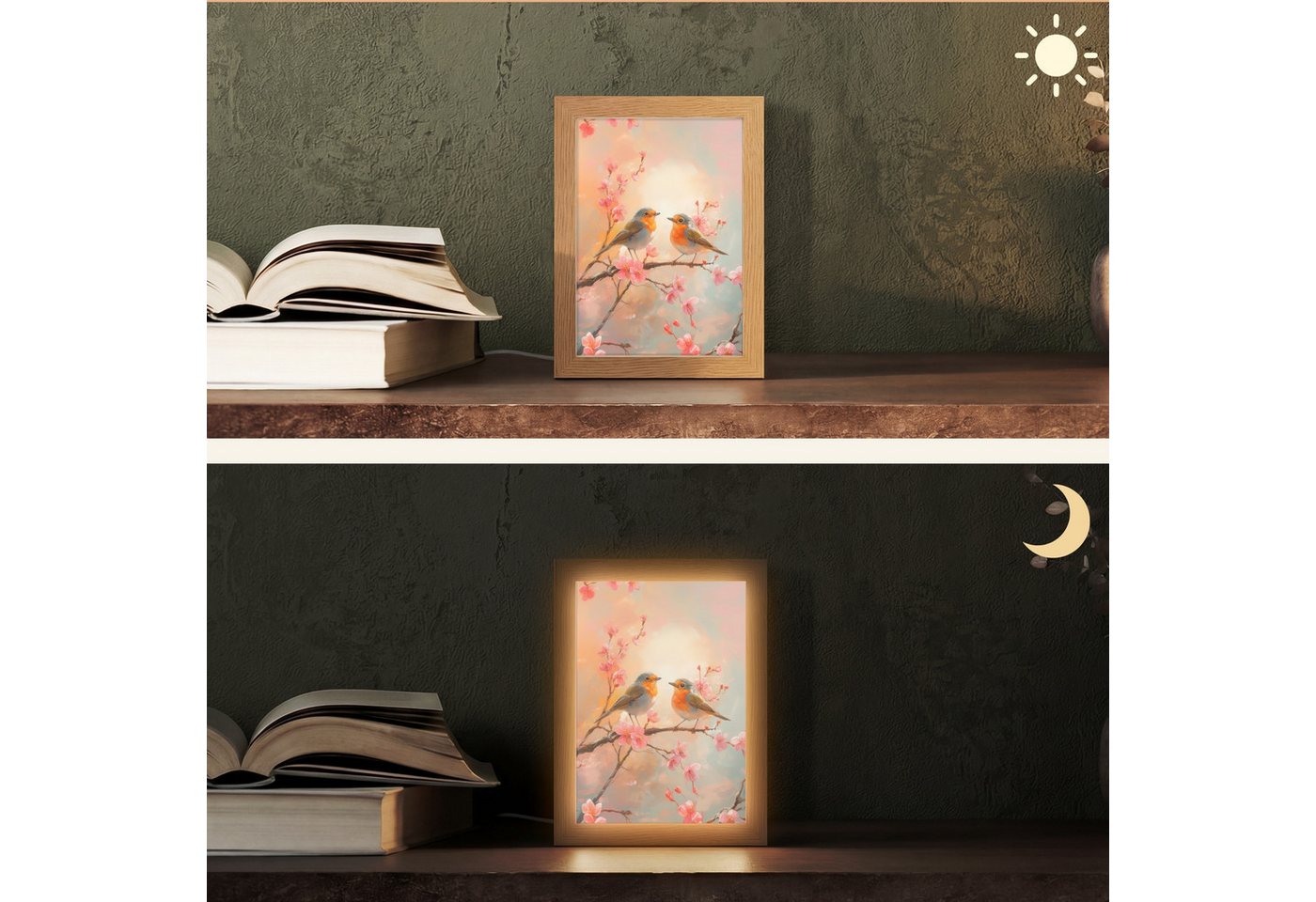 OnlyWow Tischleuchte Lightbox Rotkehlchen - Zierpflanze - Blütenzweig, Dimmbar, Farbwechsel, LED, Warmweiß, Kaltweiß, Neutralweiß Einstellbar, Tischlampe, Schreibtischlampe, Desk, Dimmbar, mit Kabel, LED