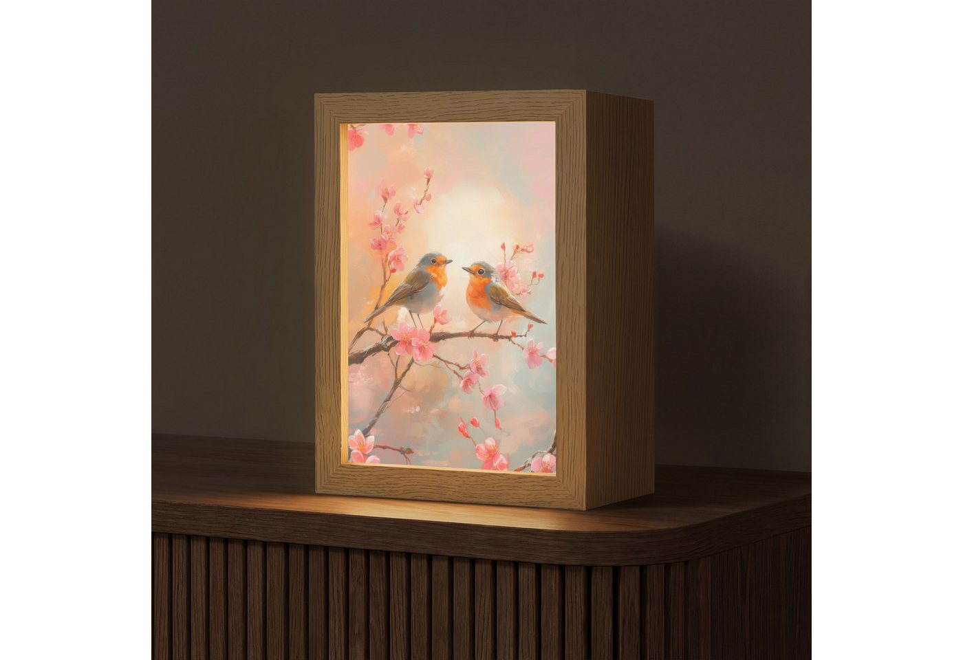 OnlyWow Tischleuchte Lightbox Rotkehlchen - Zierpflanze - Blütenzweig, Dimmbar, Farbwechsel, LED, Warmweiß, Kaltweiß, Neutralweiß Einstellbar, Tischlampe, Schreibtischlampe, Desk, Dimmbar, mit Kabel, LED Bild 2
