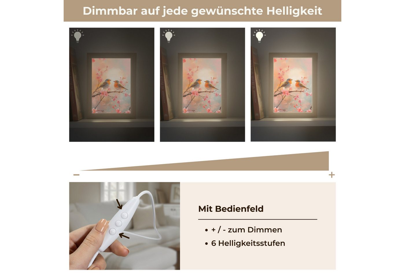 OnlyWow Tischleuchte Lightbox Rotkehlchen - Zierpflanze - Blütenzweig, Dimmbar, Farbwechsel, LED, Warmweiß, Kaltweiß, Neutralweiß Einstellbar, Tischlampe, Schreibtischlampe, Desk, Dimmbar, mit Kabel, LED Bild 3