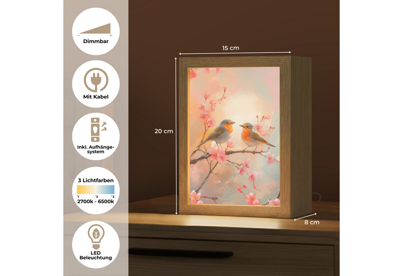 OnlyWow Tischleuchte Lightbox Rotkehlchen - Zierpflanze - Blütenzweig, Dimmbar, Farbwechsel, LED, Warmweiß, Kaltweiß, Neutralweiß Einstellbar, Tischlampe, Schreibtischlampe, Desk, Dimmbar, mit Kabel, LED Bild 4