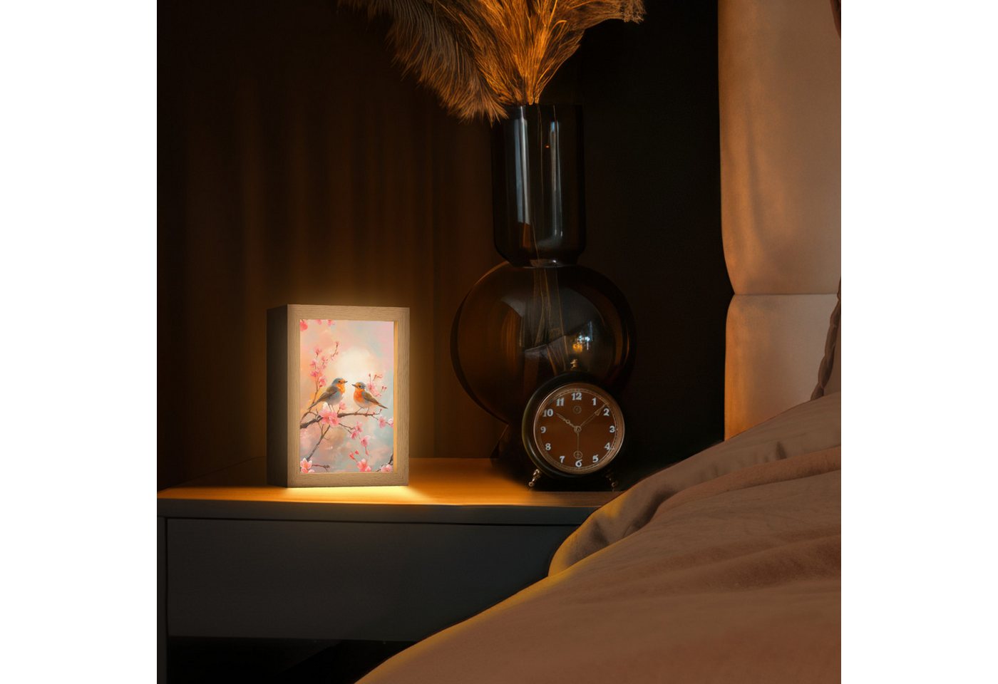 OnlyWow Tischleuchte Lightbox Rotkehlchen - Zierpflanze - Blütenzweig, Dimmbar, Farbwechsel, LED, Warmweiß, Kaltweiß, Neutralweiß Einstellbar, Tischlampe, Schreibtischlampe, Desk, Dimmbar, mit Kabel, LED Bild 5