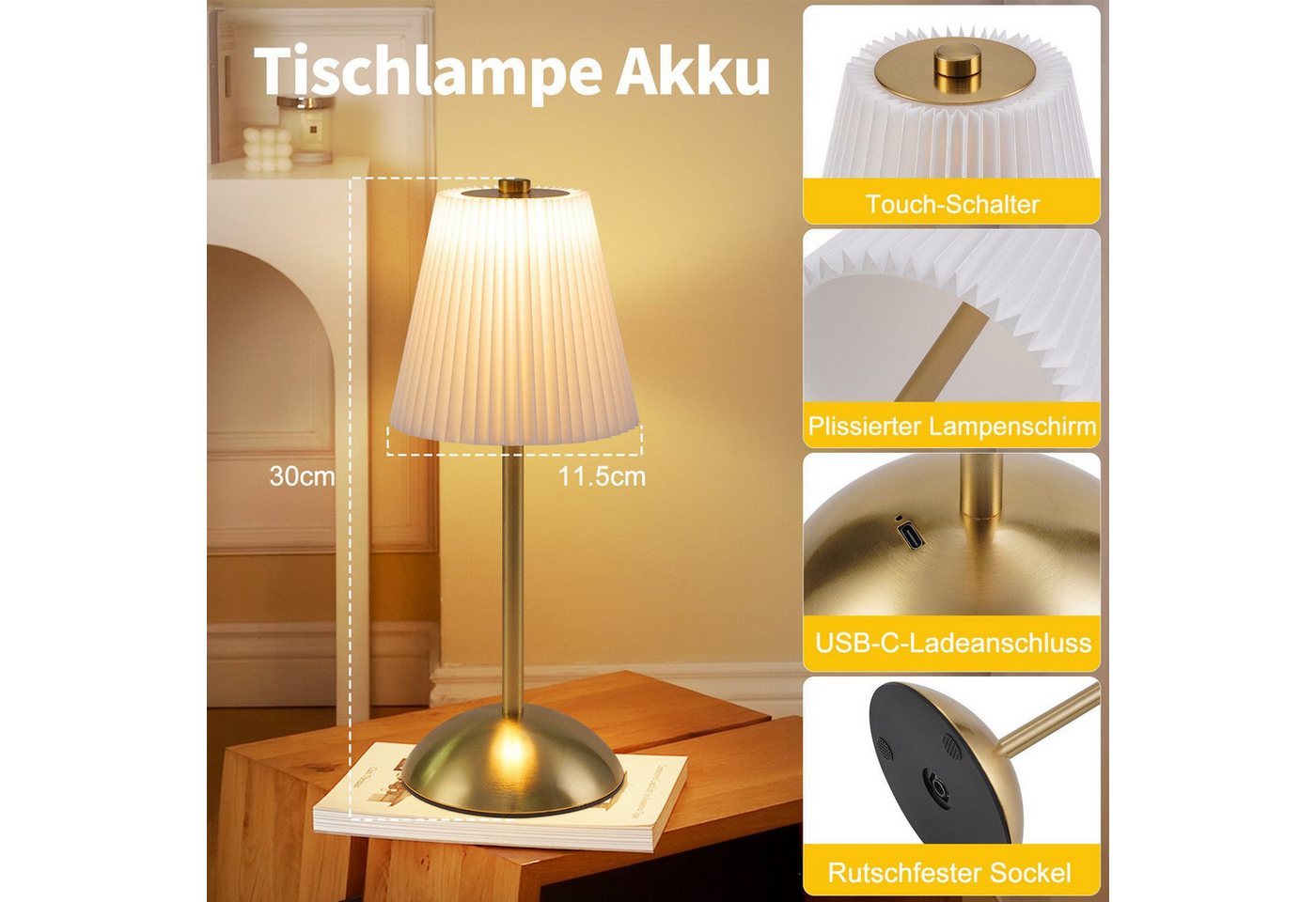 ZMH LED Tischleuchte 2er-Set, kabellose Akku-Nachttischlampe mit Stoffschirm, 3 Lichtfarben, LED fest integriert, 3000-6500K, Touch dimmbar, USB-C