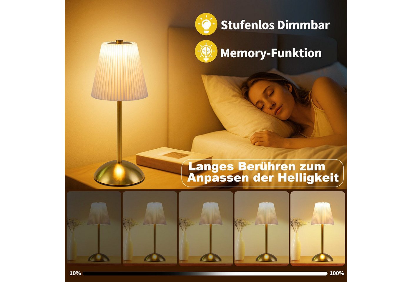 ZMH LED Tischleuchte 2er-Set, kabellose Akku-Nachttischlampe mit Stoffschirm, 3 Lichtfarben, LED fest integriert, 3000-6500K, Touch dimmbar, USB-C Bild 4