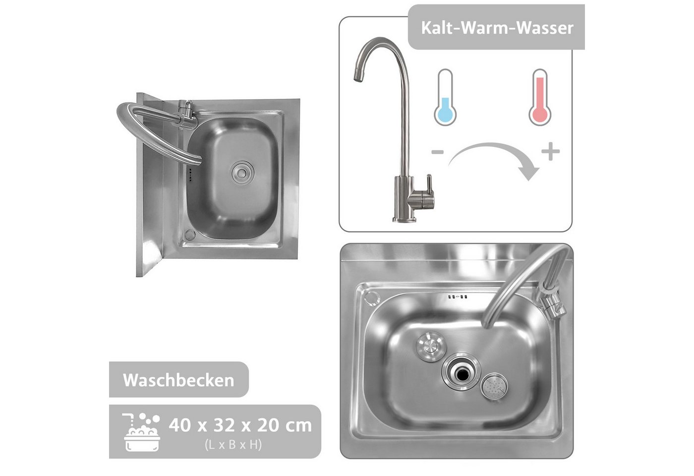 Lemodo Küchenspüle Spültisch freistehend, Wasserhahn mit Kalt Warm Anschluss, 55/50 cm, Flexible Wassertemperatureinstellung