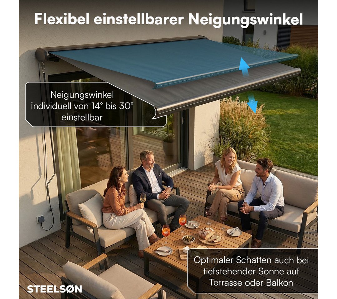 STEELSØN Kassettenmarkise Kestria, elektrische Vollkassettenmarkise vormontiert (350x300 cm) Sonnenmarkise inkl. Fernbedienung & Wandhalterung, wetterfest