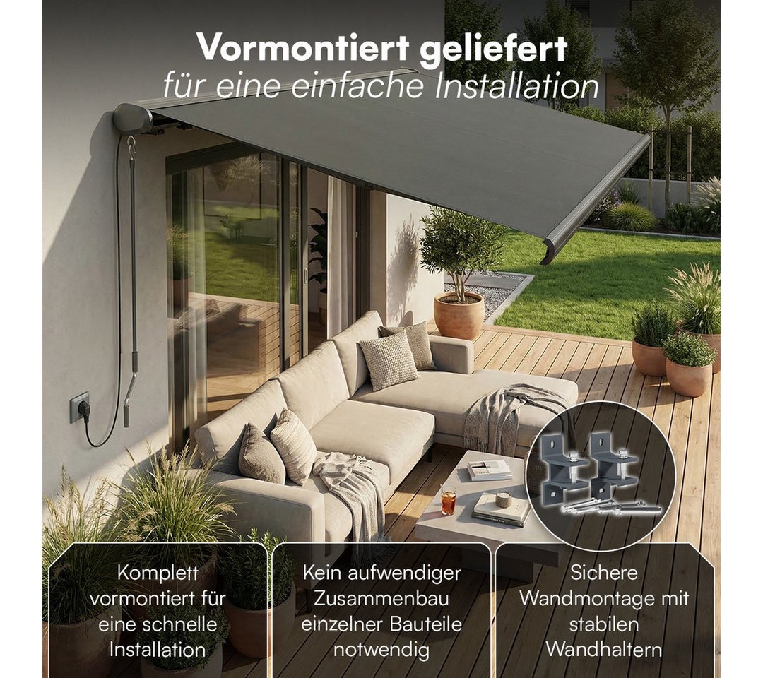 STEELSØN Kassettenmarkise Kestria, elektrische Vollkassettenmarkise vormontiert (350x300 cm) Sonnenmarkise inkl. Fernbedienung & Wandhalterung, wetterfest Bild 4