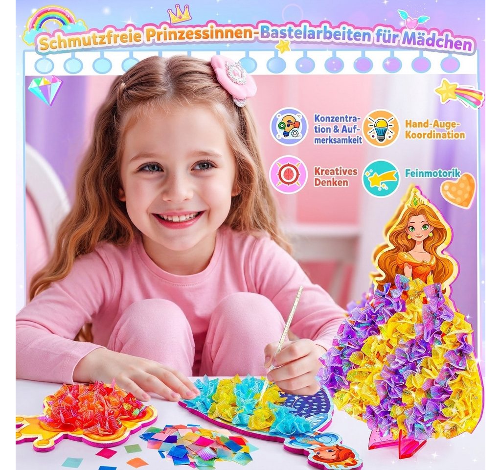 Wootoy Kreativset DIY Poke-In Bastelset für Mädchen Steckspiel Lernspielzeug ab 4, (mit 6 Prinzessinnen und 2 Zauberstäbe, 1-tlg., Fertige mit 3D-Effekt lassen sich dekorativ im Kinderzimmer aufstellen), Komplettes Bastelset mit umfangreichem Zubehör