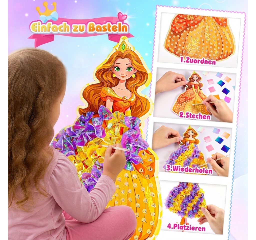 Wootoy Kreativset DIY Poke-In Bastelset für Mädchen Steckspiel Lernspielzeug ab 4, (mit 6 Prinzessinnen und 2 Zauberstäbe, 1-tlg., Fertige mit 3D-Effekt lassen sich dekorativ im Kinderzimmer aufstellen), Komplettes Bastelset mit umfangreichem Zubehör Bild 3