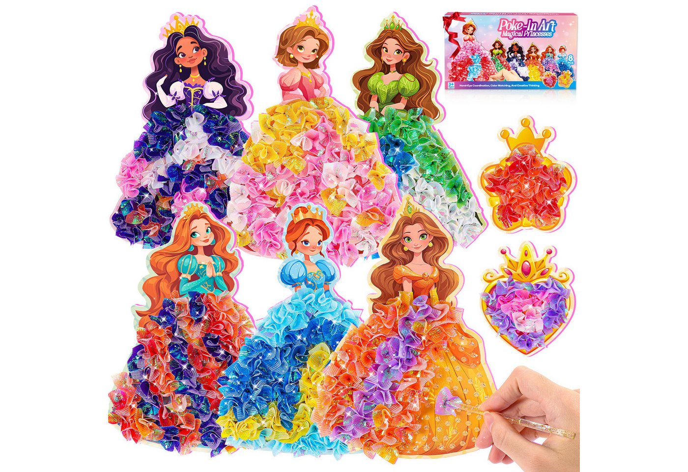 Wootoy Kreativset DIY Poke-In Bastelset für Mädchen Steckspiel Lernspielzeug ab 4, (mit 6 Prinzessinnen und 2 Zauberstäbe, 1-tlg., Fertige mit 3D-Effekt lassen sich dekorativ im Kinderzimmer aufstellen), Komplettes Bastelset mit umfangreichem Zubehör Bild 4