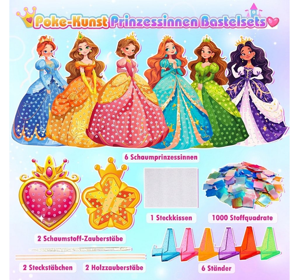 Wootoy Kreativset DIY Poke-In Bastelset für Mädchen Steckspiel Lernspielzeug ab 4, (mit 6 Prinzessinnen und 2 Zauberstäbe, 1-tlg., Fertige mit 3D-Effekt lassen sich dekorativ im Kinderzimmer aufstellen), Komplettes Bastelset mit umfangreichem Zubehör Bild 5
