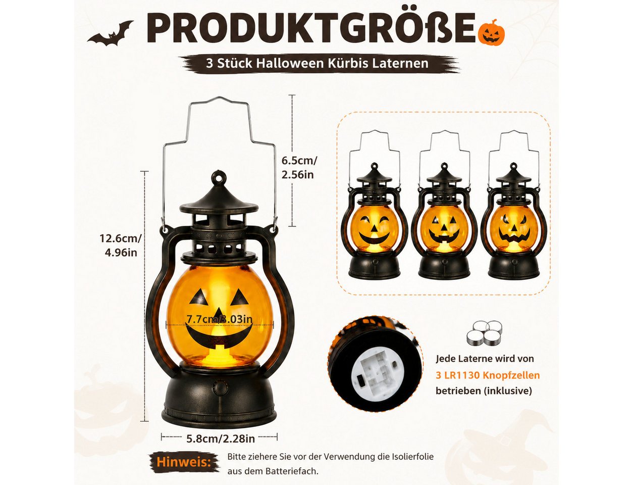nsihing LED Laterne Halloween Kürbislaternen 3er Set mit LED, Tragbare Kürbislaternen, Batteriebetrieben für Innen, Außen, Party & Halloween Deko