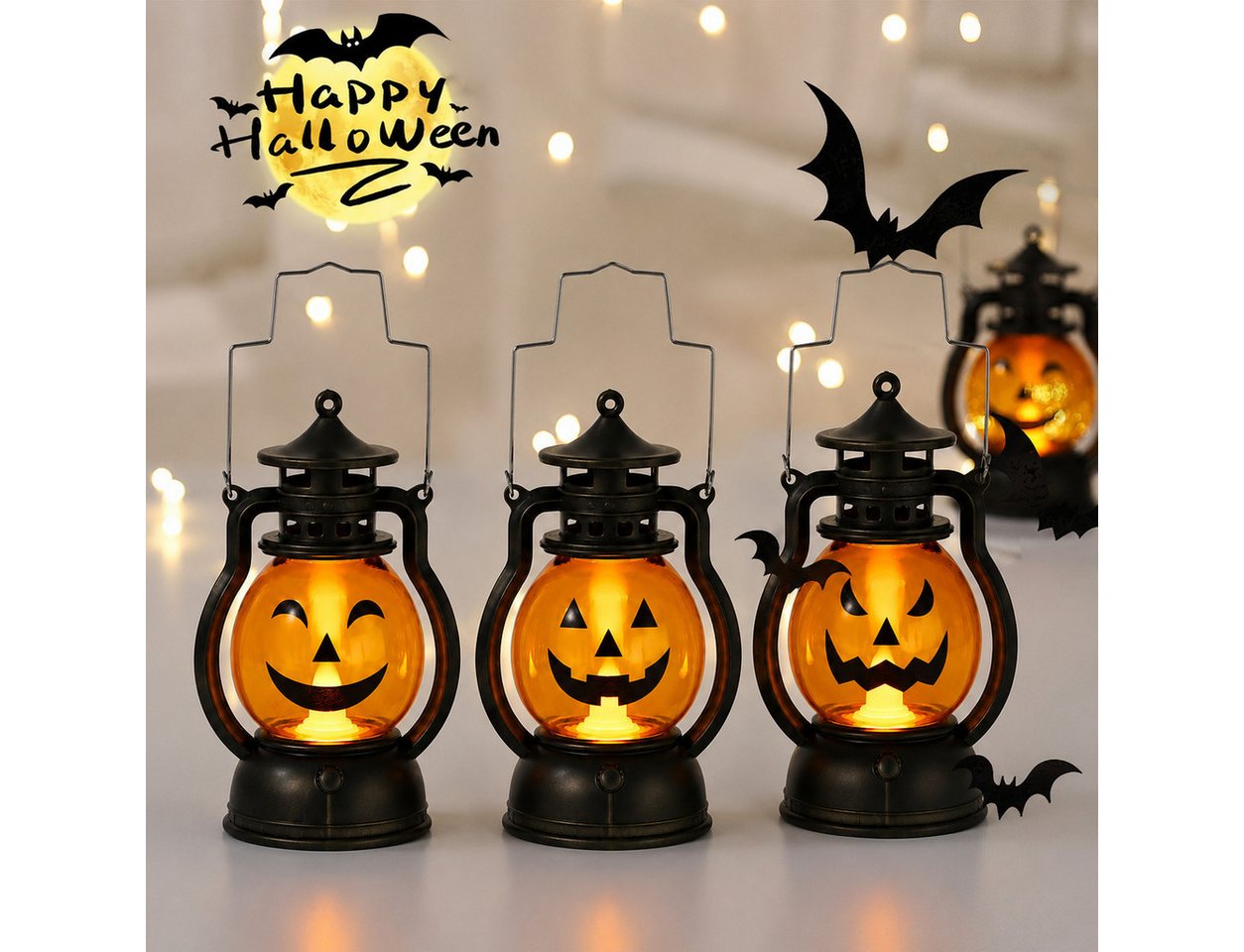 nsihing LED Laterne Halloween Kürbislaternen 3er Set mit LED, Tragbare Kürbislaternen, Batteriebetrieben für Innen, Außen, Party & Halloween Deko Bild 2