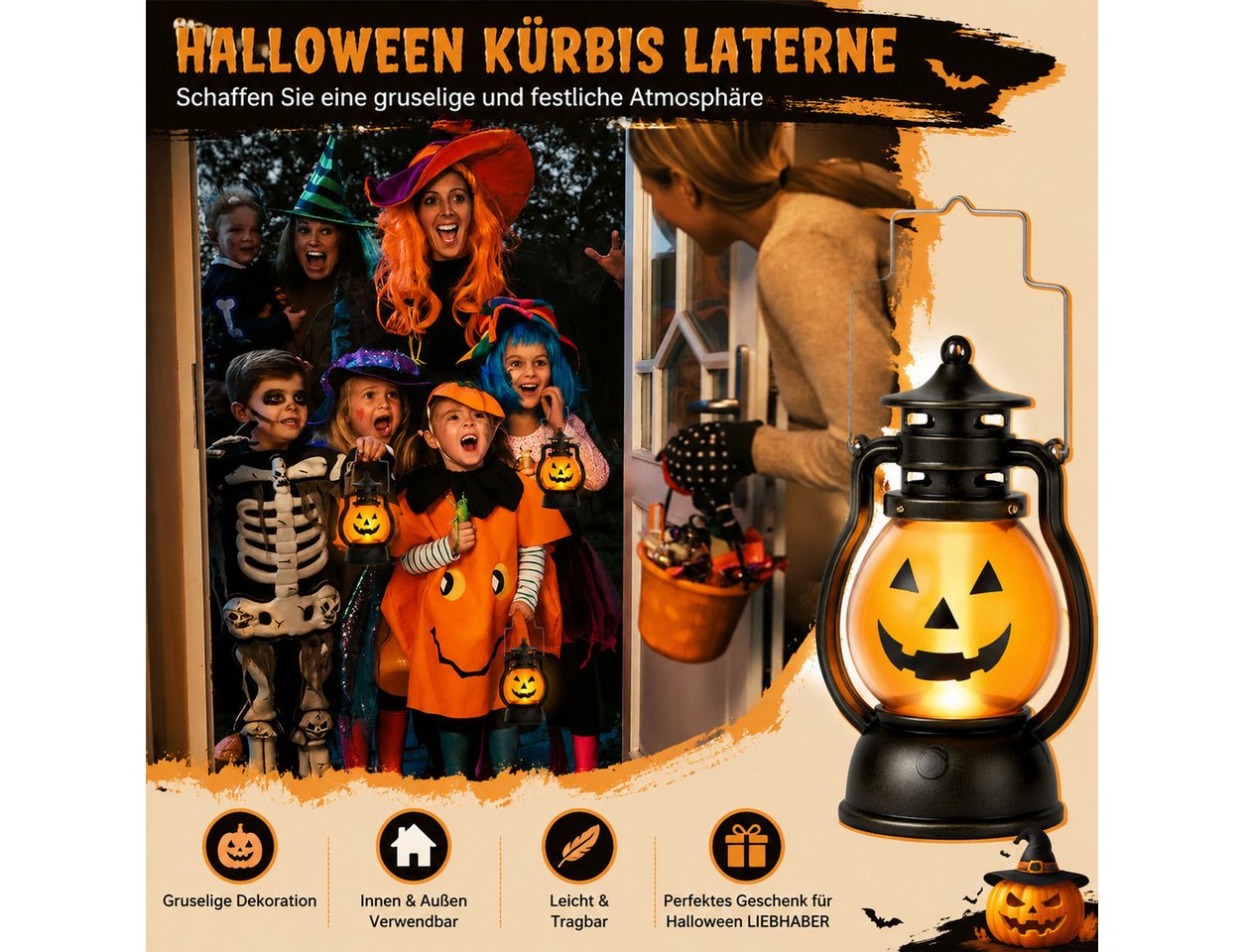 nsihing LED Laterne Halloween Kürbislaternen 3er Set mit LED, Tragbare Kürbislaternen, Batteriebetrieben für Innen, Außen, Party & Halloween Deko Bild 4