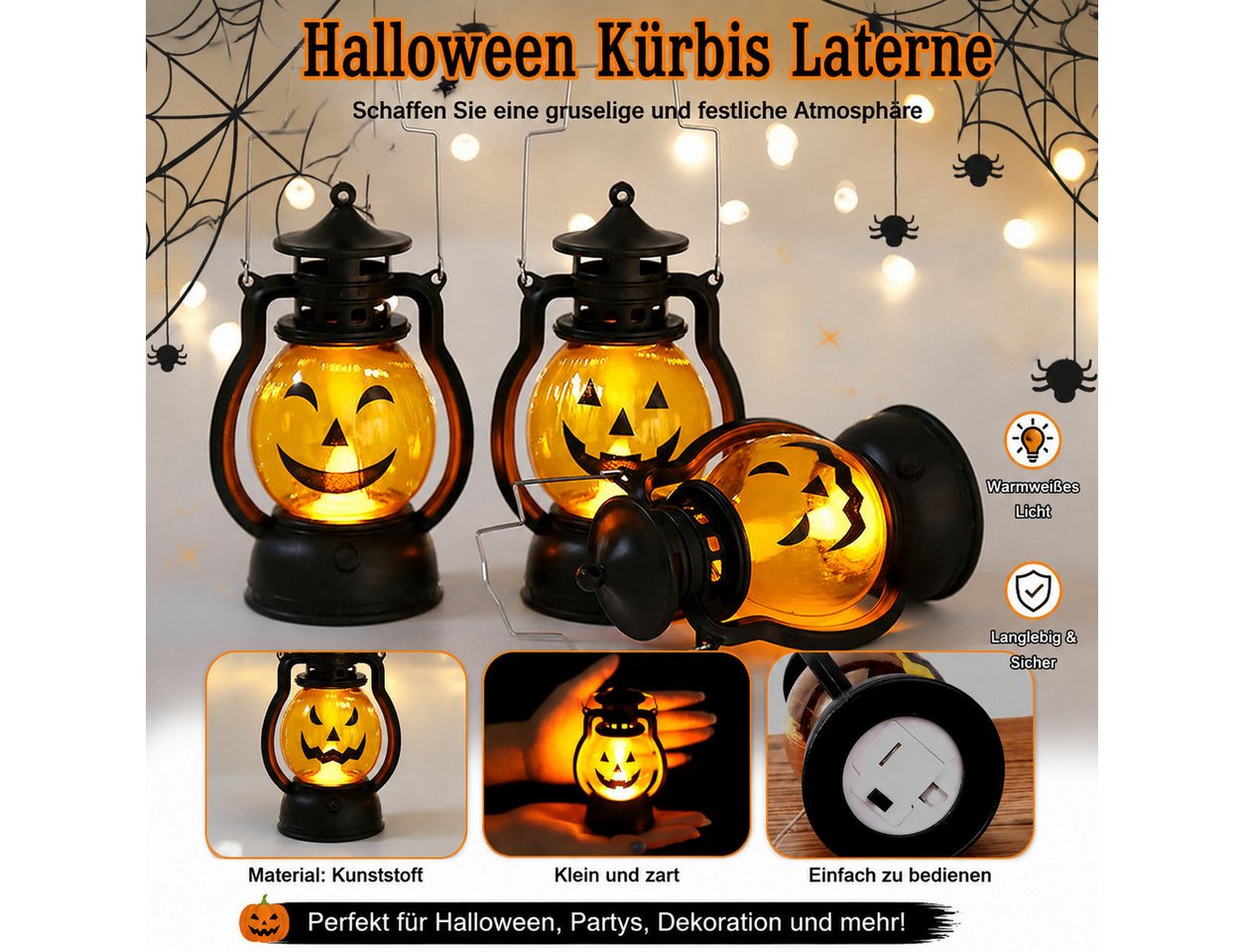 nsihing LED Laterne Halloween Kürbislaternen 3er Set mit LED, Tragbare Kürbislaternen, Batteriebetrieben für Innen, Außen, Party & Halloween Deko Bild 5