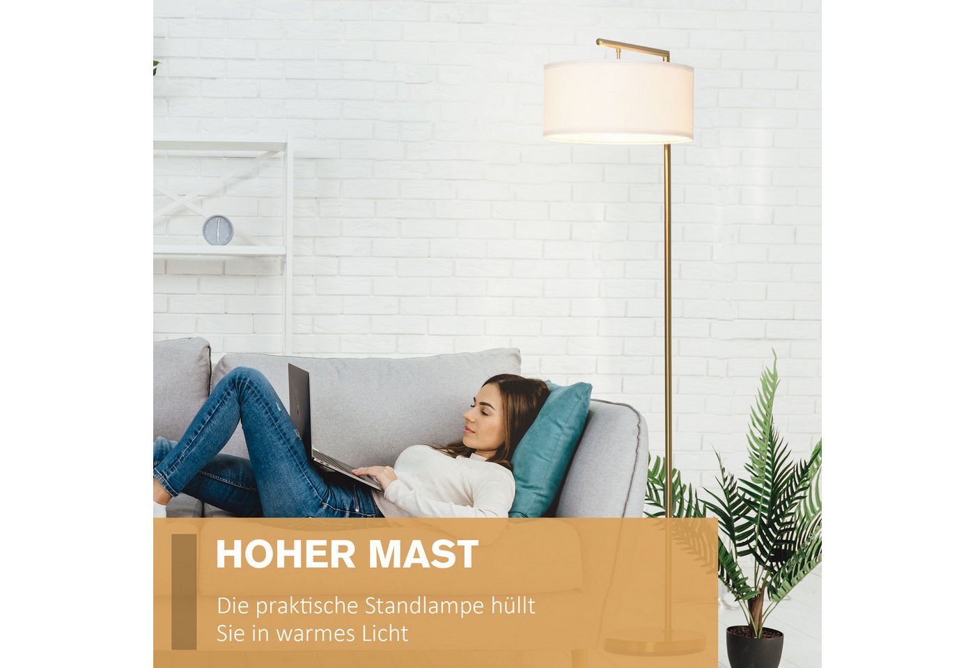 Blossom Stehlampe Standleuchte Stehleuchte E27 Sockel Stahl Leinen, Leselampe für Wohnzimmer, Schlafzimmer, Büro, Esszimmer, Gold Weiß Bild 2