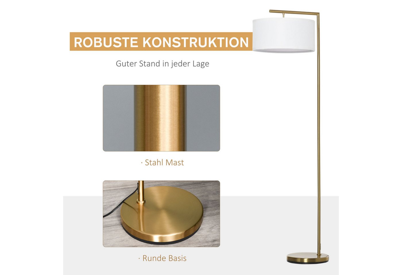 Blossom Stehlampe Standleuchte Stehleuchte E27 Sockel Stahl Leinen, Leselampe für Wohnzimmer, Schlafzimmer, Büro, Esszimmer, Gold Weiß Bild 3