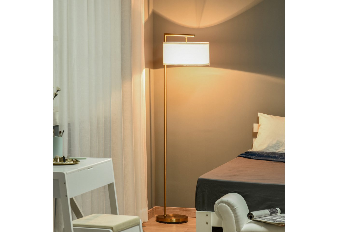 Blossom Stehlampe Standleuchte Stehleuchte E27 Sockel Stahl Leinen, Leselampe für Wohnzimmer, Schlafzimmer, Büro, Esszimmer, Gold Weiß Bild 5