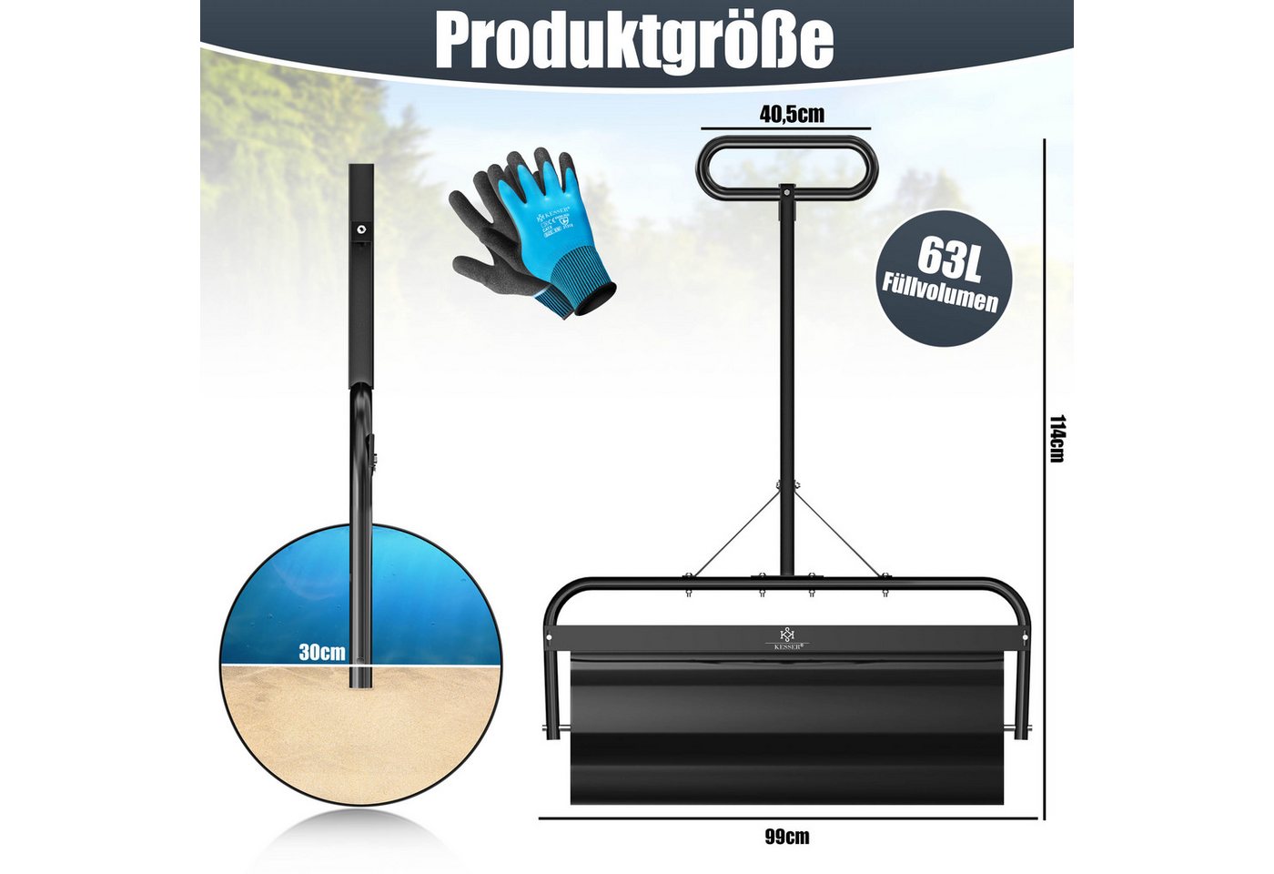 KESSER Rasenwalze Metall befüllbar mit Wasser oder Sand, Rasenroller inklusive Handschuhe,Gartenwalze mit 63 Liter Füllvolumen / 99 cm breit Handwalze