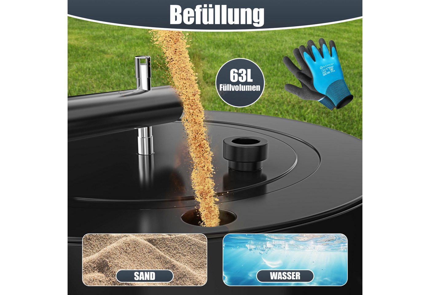 KESSER Rasenwalze Metall befüllbar mit Wasser oder Sand, Rasenroller inklusive Handschuhe,Gartenwalze mit 63 Liter Füllvolumen / 99 cm breit Handwalze Bild 2