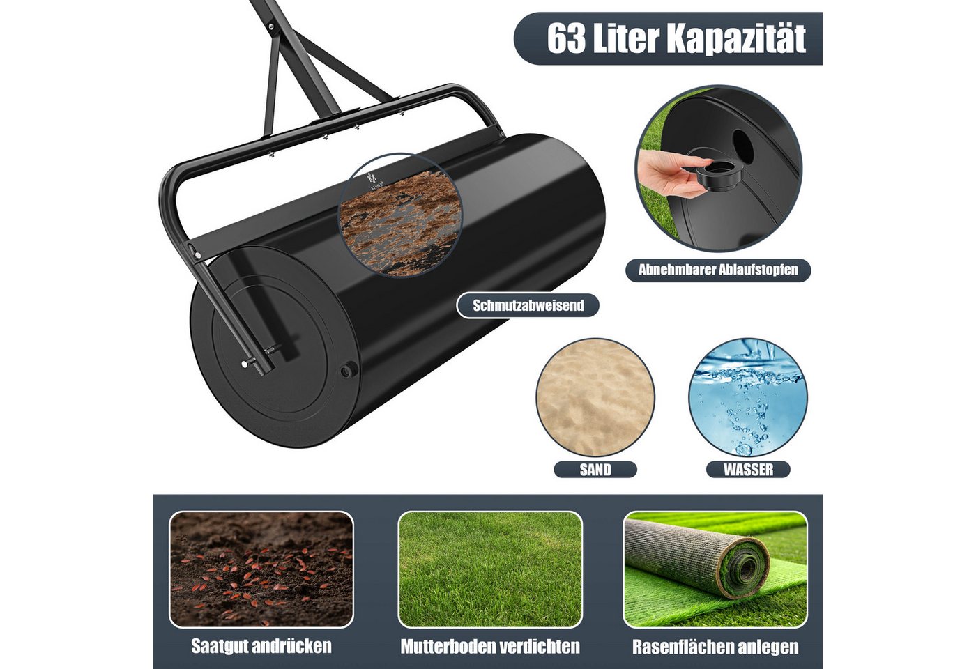 KESSER Rasenwalze Metall befüllbar mit Wasser oder Sand, Rasenroller inklusive Handschuhe,Gartenwalze mit 63 Liter Füllvolumen / 99 cm breit Handwalze Bild 3