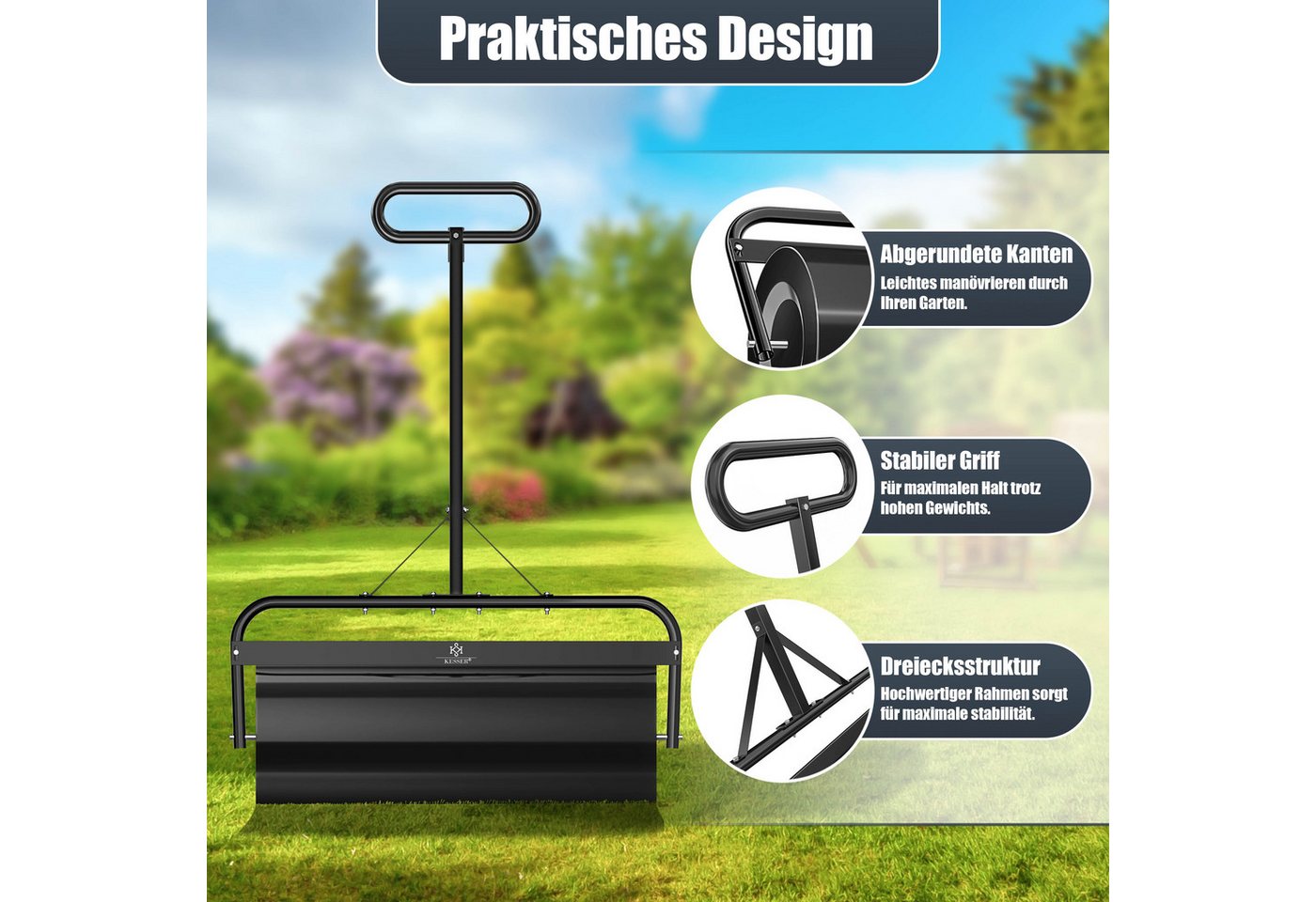 KESSER Rasenwalze Metall befüllbar mit Wasser oder Sand, Rasenroller inklusive Handschuhe,Gartenwalze mit 63 Liter Füllvolumen / 99 cm breit Handwalze Bild 5