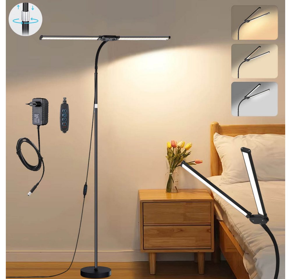 LMaxhome LED Stehlampe Dimmbar Doppelkopf Standlicht Modern 360°-Schwanenhals Leselampe Büro, EU-Stecker, LED fest integriert, 4 Höhenverstellbar(50–158CM), 10 Helligkeitsstufen, 3 Farbmodi(3000K Warmweiß, 4000K Naturweiß, 6000K Kaltweiß), Schwarz Tischlampe Stehleuchte für Schlafzimmer, Wohnzimmer, Büro