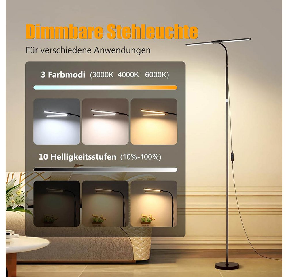 LMaxhome LED Stehlampe Dimmbar Doppelkopf Standlicht Modern 360°-Schwanenhals Leselampe Büro, EU-Stecker, LED fest integriert, 4 Höhenverstellbar(50–158CM), 10 Helligkeitsstufen, 3 Farbmodi(3000K Warmweiß, 4000K Naturweiß, 6000K Kaltweiß), Schwarz Tischlampe Stehleuchte für Schlafzimmer, Wohnzimmer, Büro Bild 3