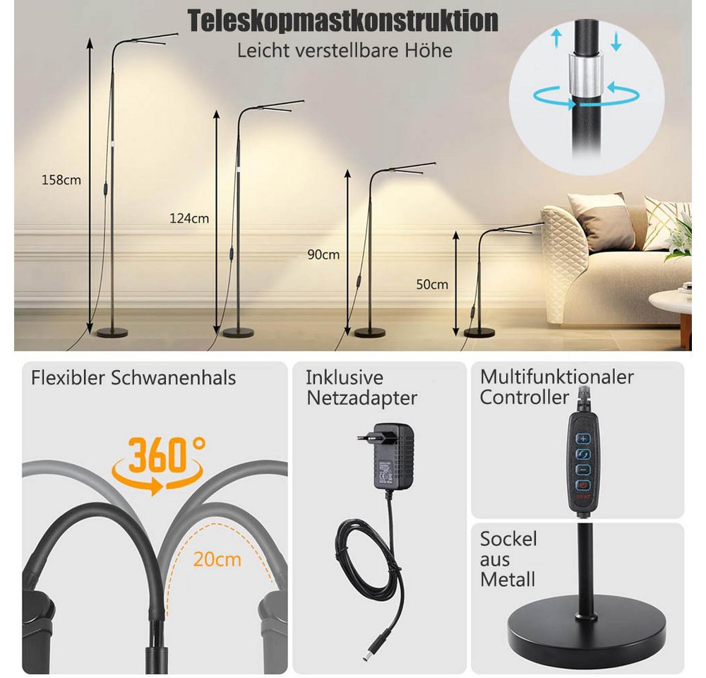 LMaxhome LED Stehlampe Dimmbar Doppelkopf Standlicht Modern 360°-Schwanenhals Leselampe Büro, EU-Stecker, LED fest integriert, 4 Höhenverstellbar(50–158CM), 10 Helligkeitsstufen, 3 Farbmodi(3000K Warmweiß, 4000K Naturweiß, 6000K Kaltweiß), Schwarz Tischlampe Stehleuchte für Schlafzimmer, Wohnzimmer, Büro Bild 5