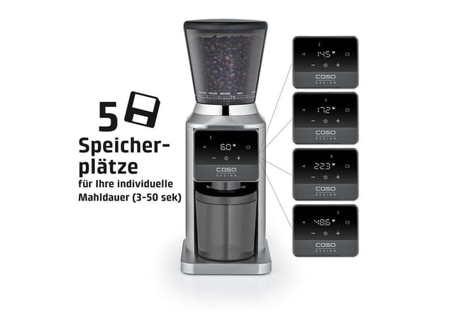 Caso Kaffeemühle BaristaChef Inox Pro, 180 W, Kegelmahlwerk, 320 g Bohnenbehälter, Zero Retention Technologie, Edelstahl-Kegelmahlwerk, 34 Mahlgradstufen
