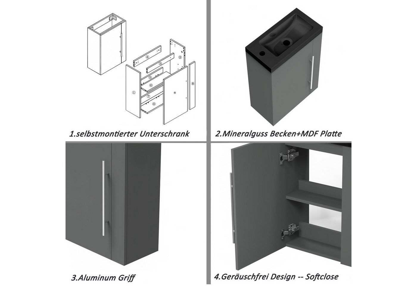 Aica Sanitär Waschtisch 45 cm Mineralguss Waschtisch mit Unterschrank Badschrank (Hängeschrank), Kleine Badezimmerschränke