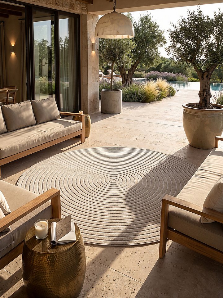 KADIMA DESIGN Teppich MEZEN Outdoorteppich Beige 120x120 Abstrakt Polypropylen Outdoor, Rund, Höhe: 6 mm, Saugroboter-geeignet, Strapazierfähig, Pflegeleicht, Farbecht Bild 2