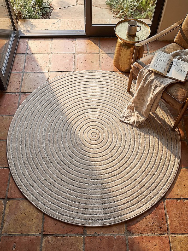 KADIMA DESIGN Teppich MEZEN Outdoorteppich Beige 120x120 Abstrakt Polypropylen Outdoor, Rund, Höhe: 6 mm, Saugroboter-geeignet, Strapazierfähig, Pflegeleicht, Farbecht Bild 3