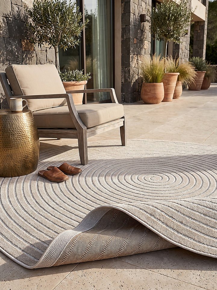 KADIMA DESIGN Teppich MEZEN Outdoorteppich Beige 120x120 Abstrakt Polypropylen Outdoor, Rund, Höhe: 6 mm, Saugroboter-geeignet, Strapazierfähig, Pflegeleicht, Farbecht Bild 4