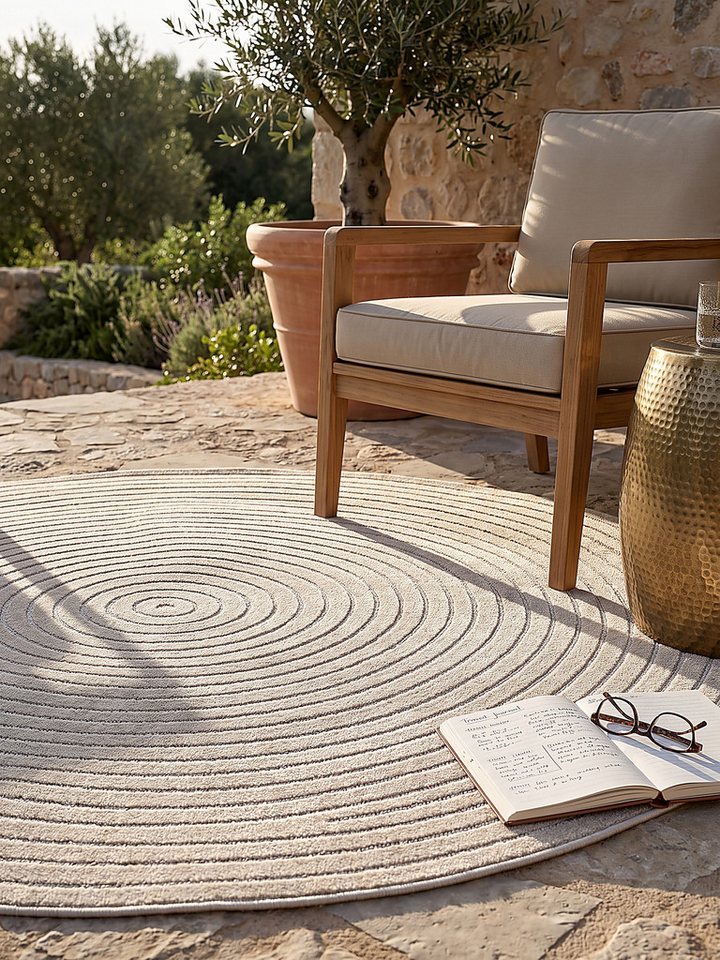 KADIMA DESIGN Teppich MEZEN Outdoorteppich Beige 120x120 Abstrakt Polypropylen Outdoor, Rund, Höhe: 6 mm, Saugroboter-geeignet, Strapazierfähig, Pflegeleicht, Farbecht Bild 5