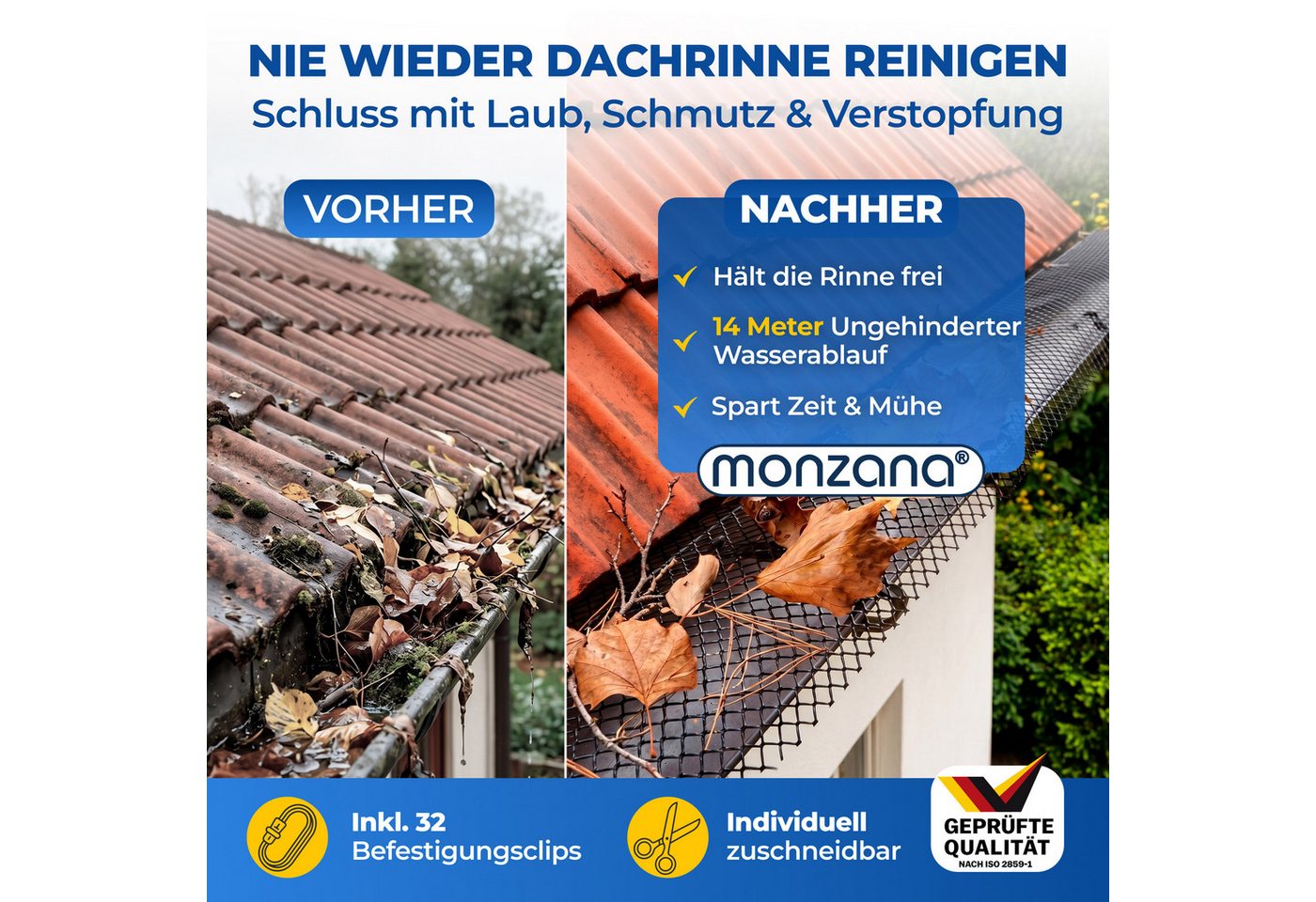 monzana Laubschutznetz, Dachrinnenschutz 14m inkl. 32 Befestigungsclips wetterfest Laubschutz Bild 2