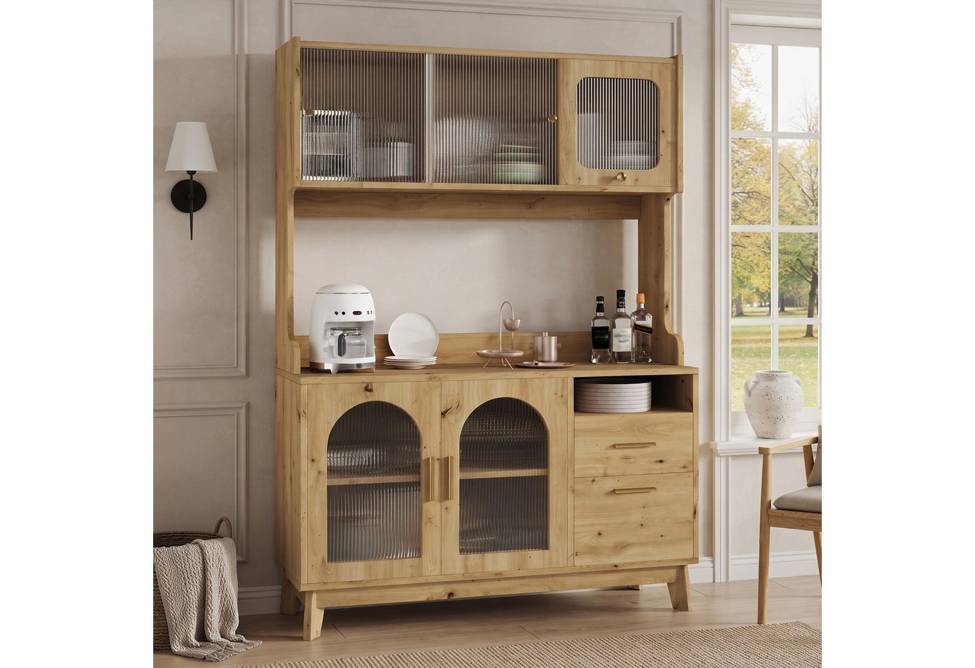 Flieks Küchenbuffet Hochschrank mit Arbeitsplatte, Steckdosen, Acryl-Schiebetüren (B120xT40xH178 cm, 1-St) Küchenschrank Mehrzweckschrank mit verstellbare Ablagen Weiß