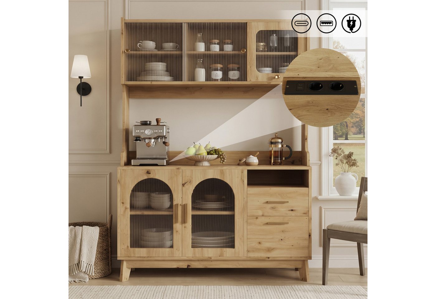 Flieks Küchenbuffet Hochschrank mit Arbeitsplatte, Steckdosen, Acryl-Schiebetüren (B120xT40xH178 cm, 1-St) Küchenschrank Mehrzweckschrank mit verstellbare Ablagen Weiß Bild 2
