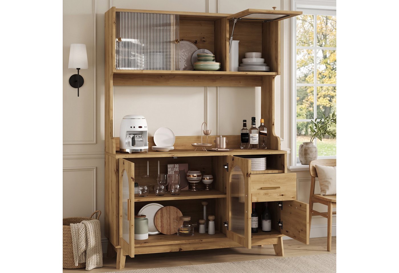 Flieks Küchenbuffet Hochschrank mit Arbeitsplatte, Steckdosen, Acryl-Schiebetüren (B120xT40xH178 cm, 1-St) Küchenschrank Mehrzweckschrank mit verstellbare Ablagen Weiß Bild 4