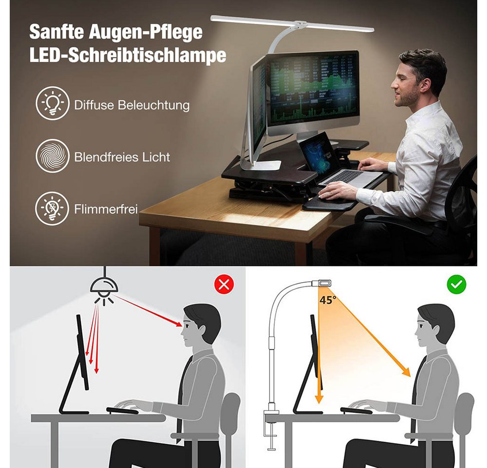 Sunicol LED Schreibtischlampe Doppelkopf klemmbar Schreibtischlampe, Dimmbar LED Tischlampe, 3000K-6500K, Flexibler Schwanenhals Büro Tischlampe mit Fernbedienung, 24W