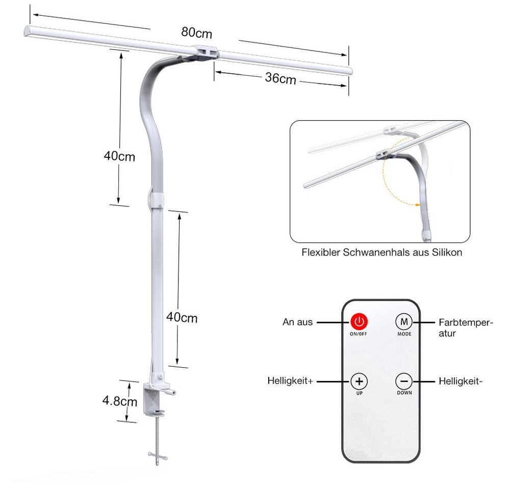 Sunicol LED Schreibtischlampe Doppelkopf klemmbar Schreibtischlampe, Dimmbar LED Tischlampe, 3000K-6500K, Flexibler Schwanenhals Büro Tischlampe mit Fernbedienung, 24W Bild 4